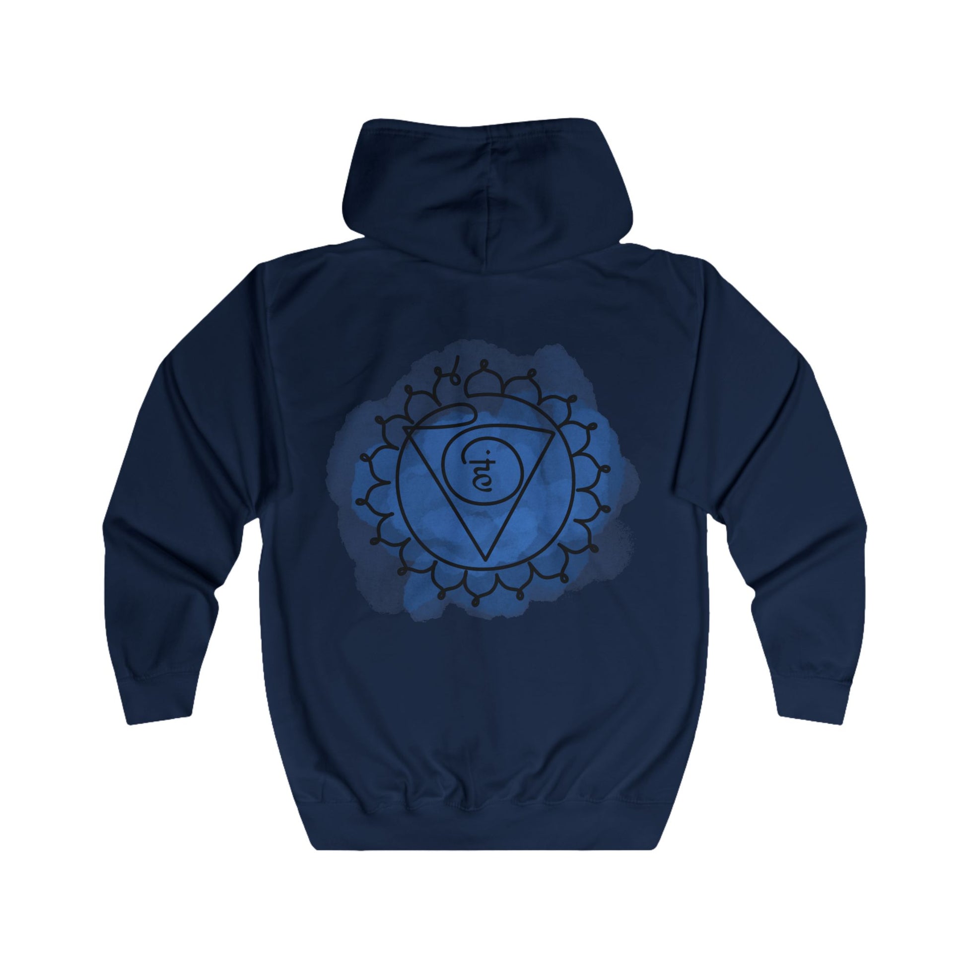 Folded Vishuddha Chakra Hoodie showcasing the soft fabric blend and detailed chakra-inspired design.