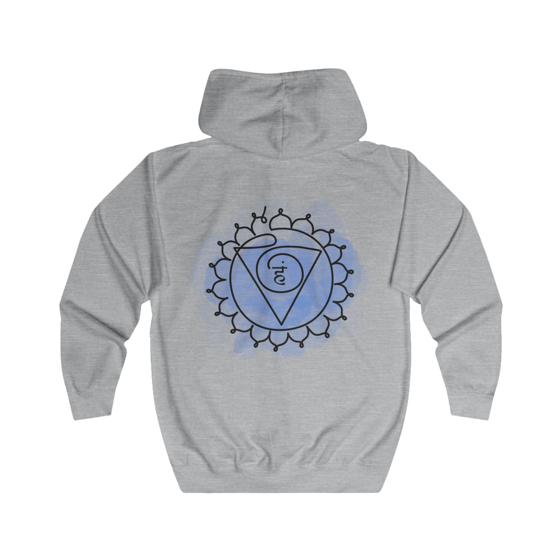 Model wearing the Vishuddha Chakra Hoodie in a casual setting, ideal for yoga, meditation, or everyday comfort.