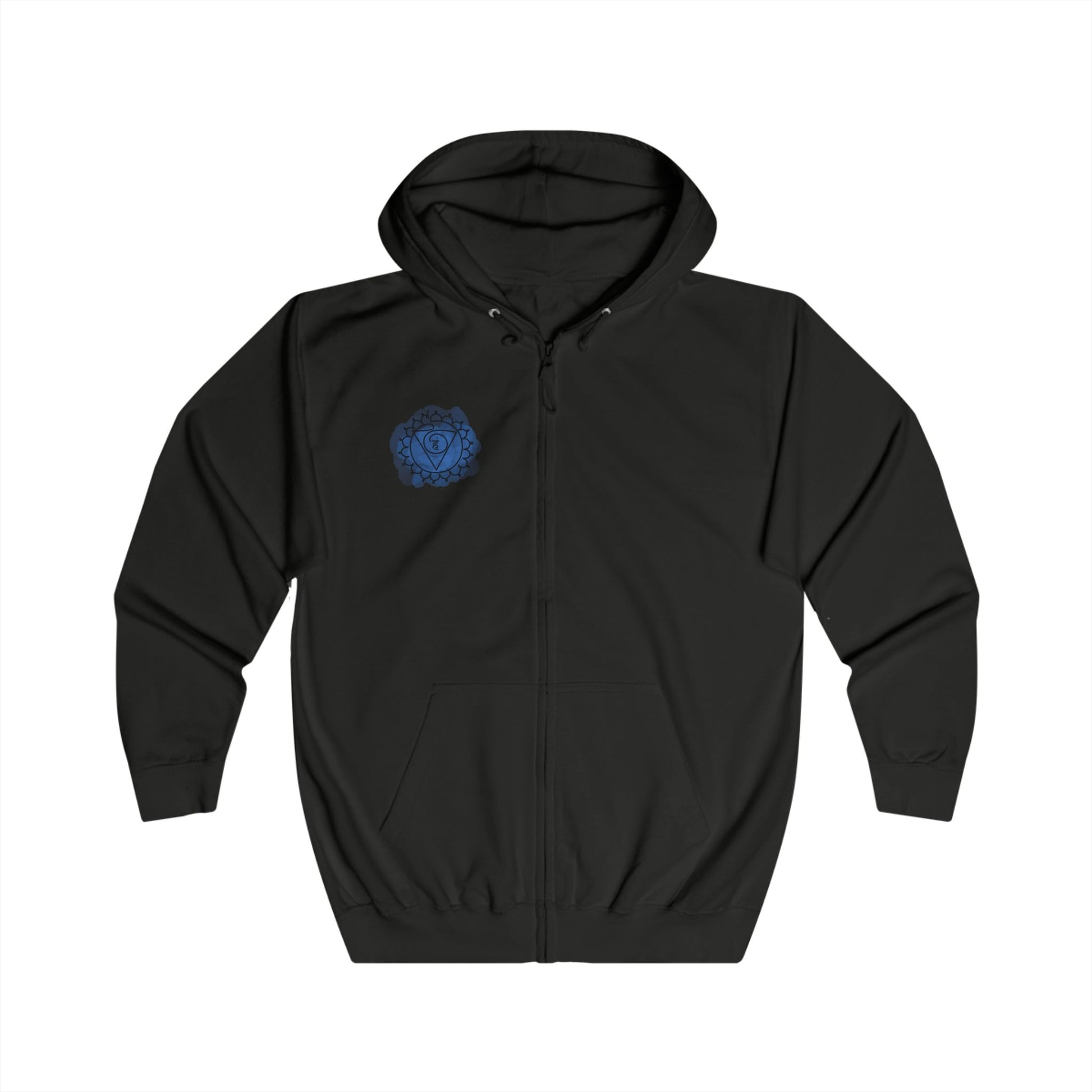 Side view of the Vishuddha Chakra Hoodie highlighting the relaxed fit and quality stitching.